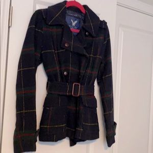 American Eagle Size Medium Navy Plaid Coat